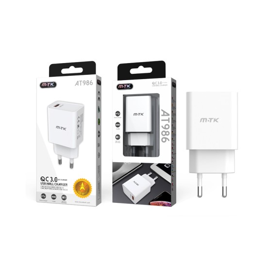 ADAPTADOR CARREGADOR MTK AT986 BL SEM CABO 1 PORTAS USB QC3.0 18W BRANCO